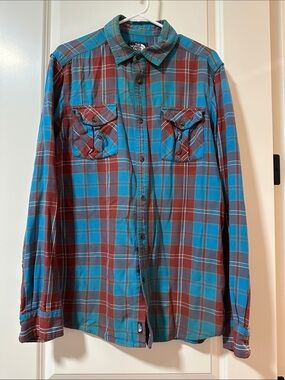 The North Face Men's Teal and Maroon Plaid Button-Down Shirt